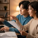 컴퓨터 앞에서 연말정산 서류를 입력하고 있는 한국인 부부 이미지3