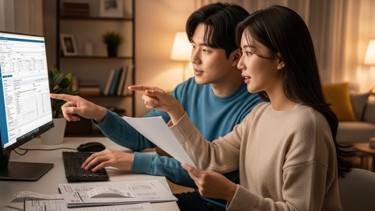 컴퓨터 앞에서 연말정산 서류를 입력하고 있는 한국인 부부 이미지3